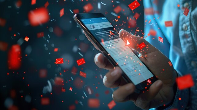 A breaking news alert on a smartphone screen, with a hand holding the phone and red notification icons popping up on a news app.