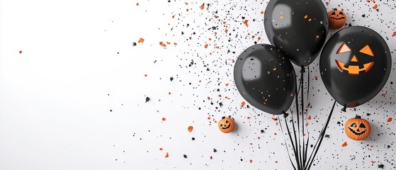 Black balloons with pumpkin faces and confetti on a white background.