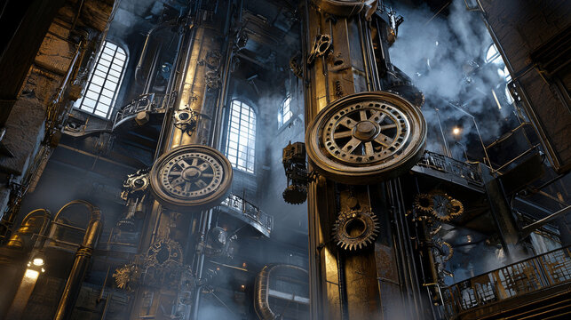 A large, old building with a lot of machinery and clocks