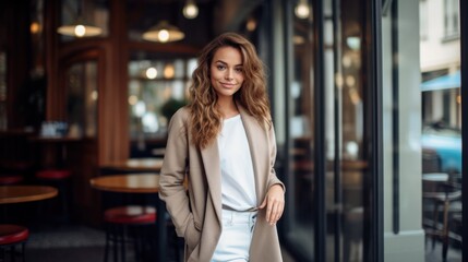 Fototapeta premium A stylish individual confidently walks in a chic urban setting, reflecting modern elegance and poise.