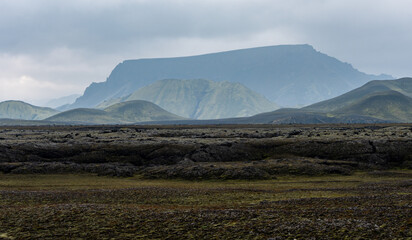 Mountain Peaks with Plain between Lj&oacute;tipollur crater and Landmannalaugar (dramatic scenery, moody), Iceland