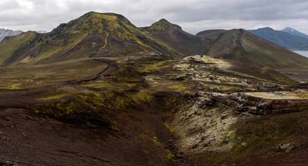 Lj&oacute;tipollur crater with clouds (dramatic scenery), near Landmannalaugar, Iceland