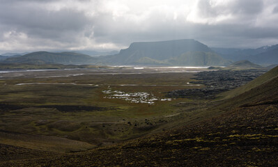 Plain and Swamp between Lj&oacute;tipollur crater and Landmannalaugar with clouds (dramatic scenery and epic light), Iceland
