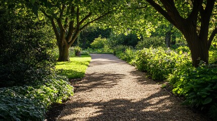 Obraz premium Serene Garden Pathway Bathed in Dappled Sunlight