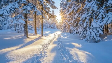 Fototapeta premium Tranquil Winter Wonderland: Sunlight on Snow-Covered Trees in a Picturesque Landscape