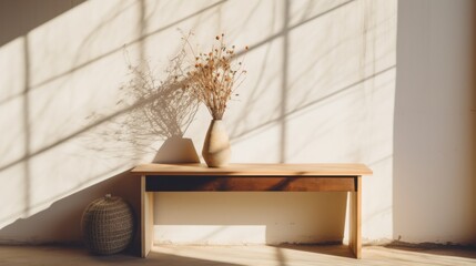 A minimalist interior featuring a wooden bench and two vases bathed in sunlight, casting geometric shadows on a plain white wall, creating a serene and artistic ambiance.