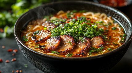 Fototapeta premium A steaming bowl of homemade ramen with rich broth, perfectly cooked noodles, and tender slices of pork, surrounded by fresh herbs and garnishes, bathed in soft warm lighting to evoke warmth and