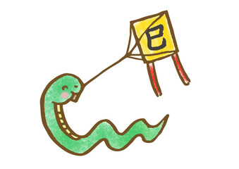 凧揚げをする可愛い蛇の手描きイラスト