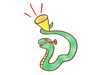 尻尾でメガホンを持った可愛い蛇の手描きイラスト
