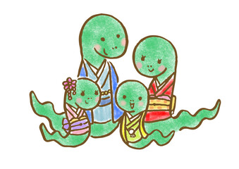 晴れ着を着た蛇の4人家族の手描きイラスト