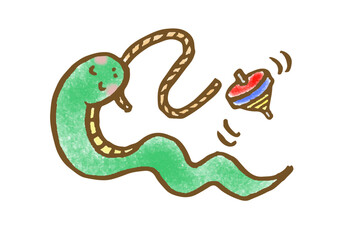 駒で遊ぶ可愛い蛇の手描きイラスト