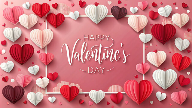 Happy Valentine's day poster or voucher. Beautiful paper cut white clouds with white heart frame on pink background. 

