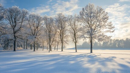 Winter Wonderland: Serene Landscape with Frost-Covered Trees and Sunlit Shadows