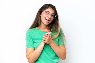 Young caucasian woman isolated on white background laughing