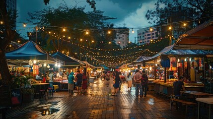 Bustling Evening Market Scene with String Lights and Street Vendors