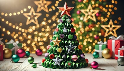 A paper-folded Christmas tree decorated with stars, ornaments, and a bright star on top, creating a festive holiday scene.