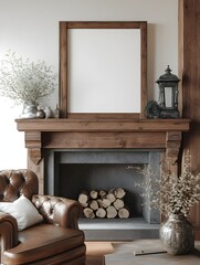 Cozy farmhouse living room interior with reclaimed oak framed mockup tufted leather armchair fireplace mantel with antique decor and 3D rendering