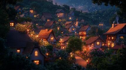 Fototapeta premium Enchanting Dusk in a Cozy Village: Warm Lights and Shadows