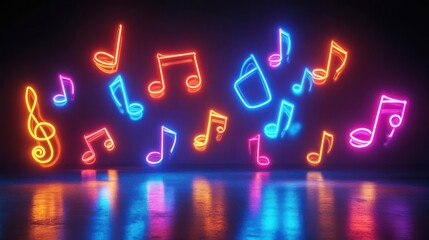 Craft an electrifying image showing neon-hued musical notes dancing gracefully, embodying the enchanting bond between music and creativity in a photorealistic style