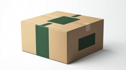 Minimalist shipping box with green label, white background, flat design illustration
