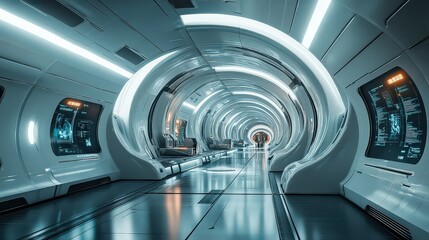 Obraz premium Futuristic tunnel with curved architecture, illuminated by soft blue lights. Sleek design and advanced technology create a sci-fi atmosphere.