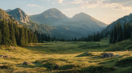 Obraz premium Tranquil Dawn in the Mountain: Soft Shadows and Serenity Beckon Exploration