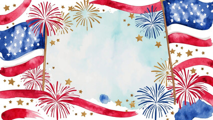 Obraz premium This vibrant Independence Day watercolor background features waving American flags, fireworks, and stars in red, white, and blue. The center is left open, creating a festive, patriotic atmosphere.