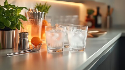 Refreshing cold drinks with ice cubes served on modern kitchen counter, ready for casual gathering or celebration. Minimalist yet inviting setup.