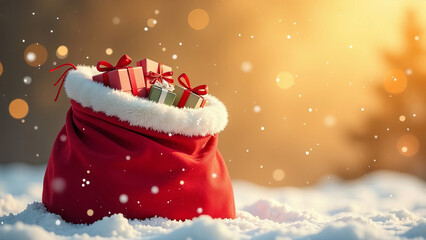 Large open red santa claus bag with lot of gifts, festive christmas card, space for text, festive golden blurred background
