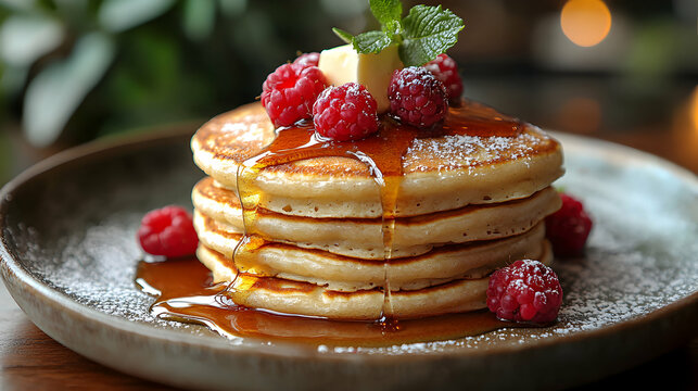 A stack of fluffy pancakes topped with fresh berries and a drizzle of maple syrup, with soft butter melting on top, captured in soft morning light to evoke a sense of indulgence and a perfect