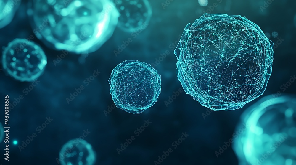 Poster abstract 3d rendering of blue glowing spheres connected by lines on a dark blue background.