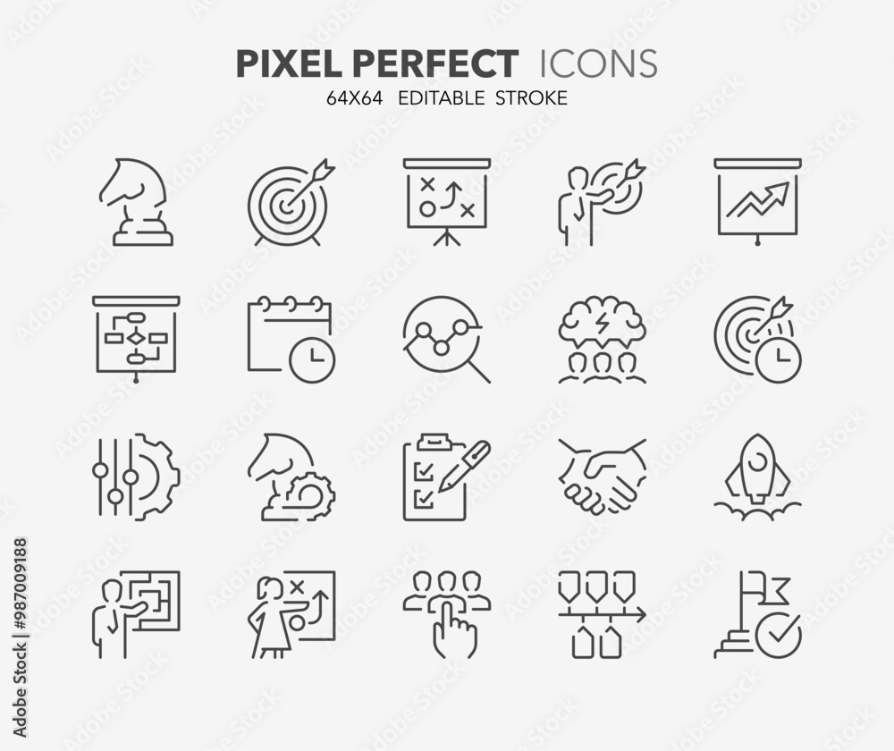 Wall mural line icons about action plan. contains such icons as search strategy, target, scheme, timeline and w