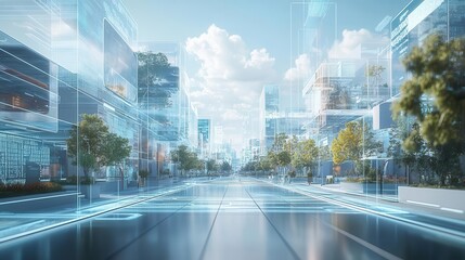 Create a side view of a futuristic city with holographic streets showcasing innovation in design