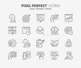 Line icons about action plan. Contains such icons as search strategy, target, scheme, timeline and workflow. Editable vector stroke 64x64 pixel perfect