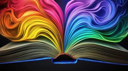Naklejka premium Create a vibrant, swirling rainbow vortex bursting from an open book, viewed from a worms-eye perspective, combining fantasy and knowledge in a digital illustration