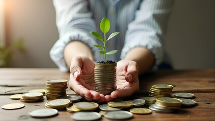 A person gently holds a small plant emerging from a stack of coins, surrounded by scattered coins on a wooden table, symbolizing financial growth and investment potential