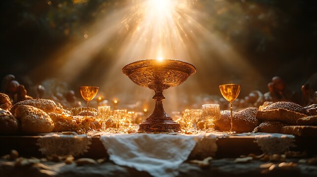A golden chalice and bread are illuminated by a bright light, suggesting a holy ritual.