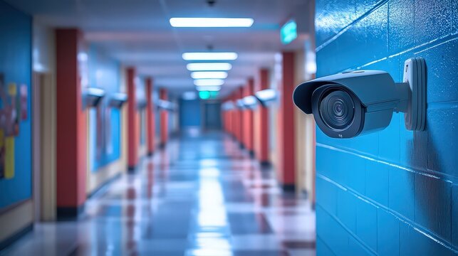  Surveillance camera watching over an empty hallway, representing security, monitoring, and concerns about privacy in modern environments like schools or offices.
