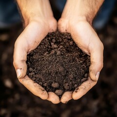 Hands holding rich soil filled with organic material, promoting agricultural sustainability