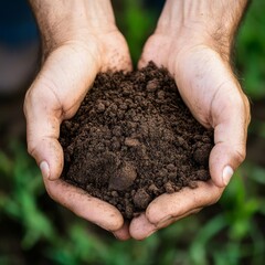 Hands holding fertile soil rich in organic matter, promoting agricultural fertility
