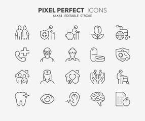 Line icons about elderly. Contains such icons as nursing home, insurances, medical assistance and more. Editable vector stroke. 64x64 pixel perfect