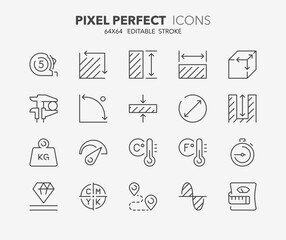 Line icons  about measuring. Contains such icons as tape measure, volume, weight, caliper and distance. Editable stroke Vector 64x64 pixel perfect