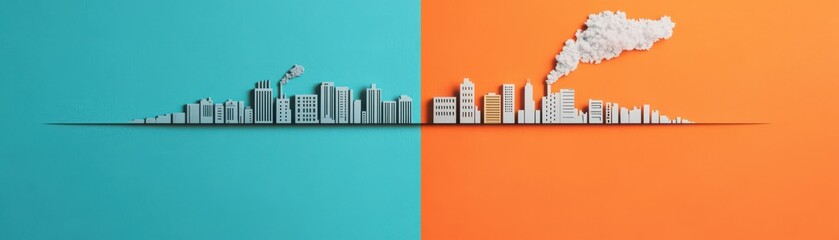 Fototapeta premium A contrasting city skyline split between clear blue and polluted orange, representing environmental change and urbanization.