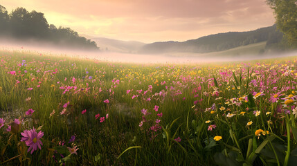 Naklejka premium beautiful wildflower field in morning mist, purple and yellow flowers landscape