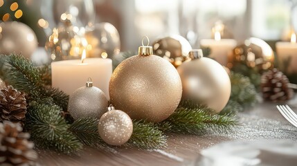  Elegant Christmas table decor featuring golden ornaments, candles, and evergreen branches. The arrangement exudes holiday warmth and festive elegance.