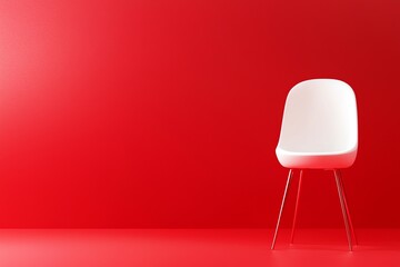 Minimalistic white chair against vibrant red background, clean modern design