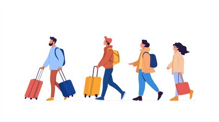 Fototapeta premium A group of travelers walking with colorful luggage, showcasing excitement and adventure in a minimalistic design.