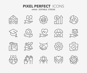 Line icons about social policies. Contains such icons as social services, legislative development, administration transparency and more. Editable vector stroke. 64x64 pixel perfect