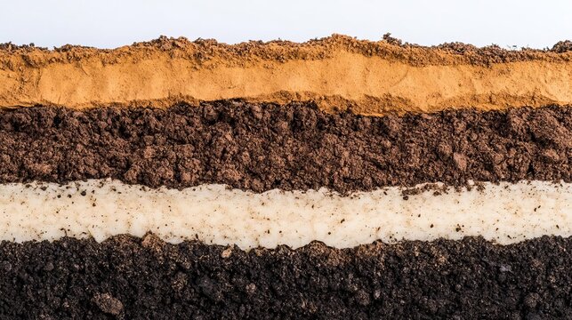 Layers of soil showing humus, clay, and sand, highlighting different soil types
