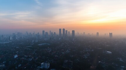 Naklejka premium Aerial view of a city skyline at sunset, showcasing tall buildings amidst a vibrant sky with soft clouds and a hazy atmosphere.